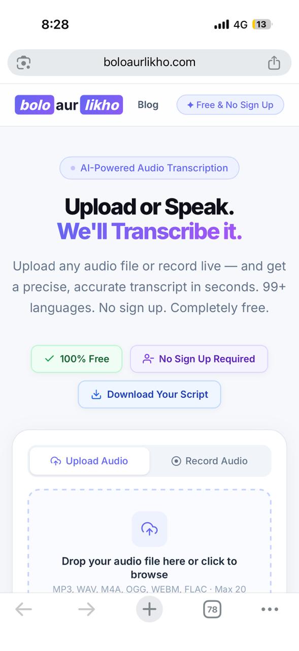 Bolo Aur Likho, Free AI-Powered Audio Transcription Tool
